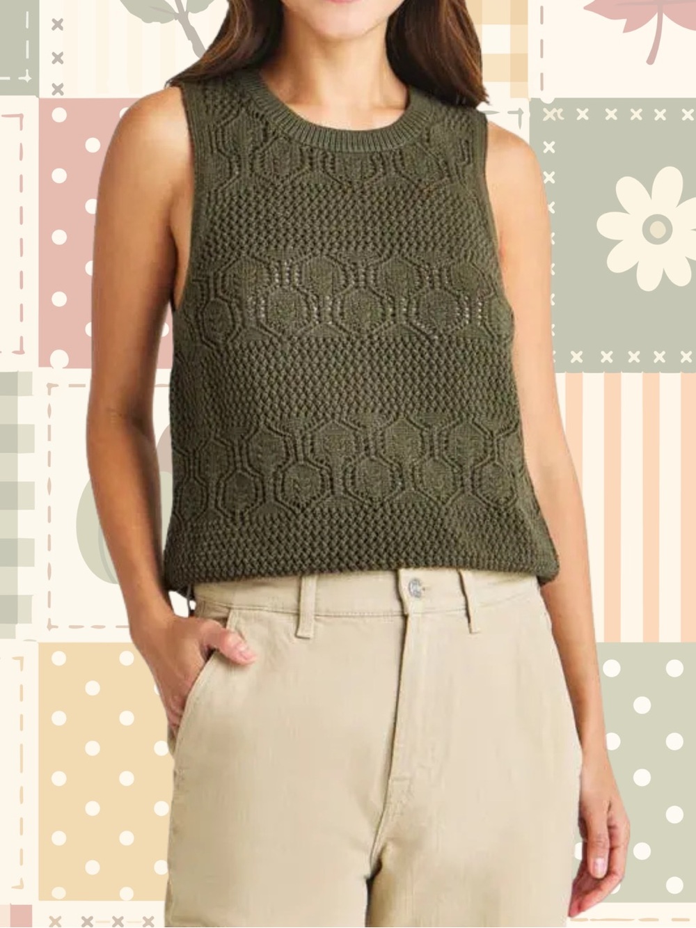 Women Splendid Celine open pointelle stitch olive green sweater top 100% cotton